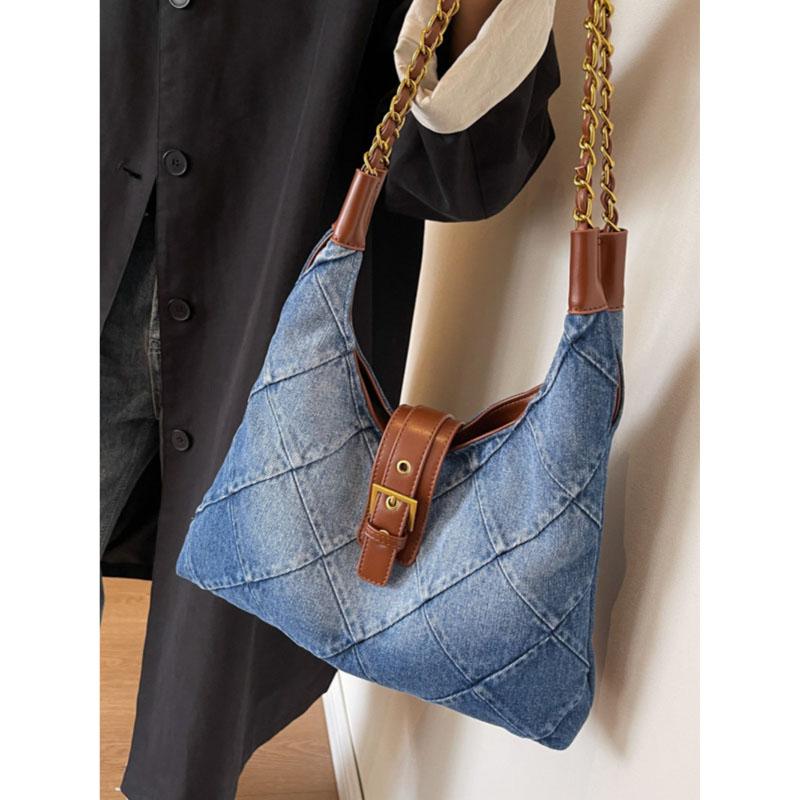 Niche Casual Patchwork Washed Denim Bag Женская Большая Вместимость Винтажная Мода Сумки Подмышки Сумки Commuter Single Shoulder Tote Pack