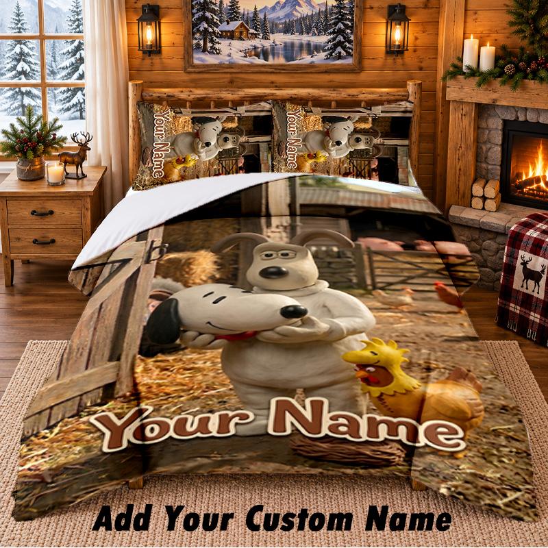 Wallace & Gromit Custom Name 3Pcs Bedding Set 1 Bed Sheet 2 Pillowcases Bedroom Home Decor