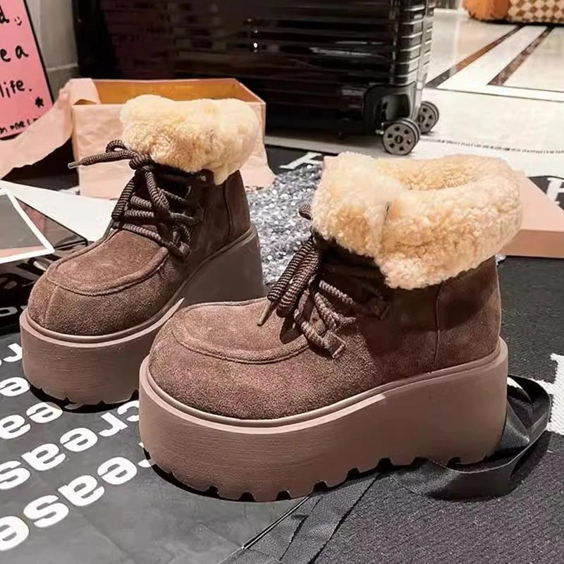 Ботильоны на меховой платформе для снега женские замшевые теплые хлопковые туфли женские 2025 тренд зимние брендовые короткие плюшевые мотоциклетные ботинки Botas De Mujer