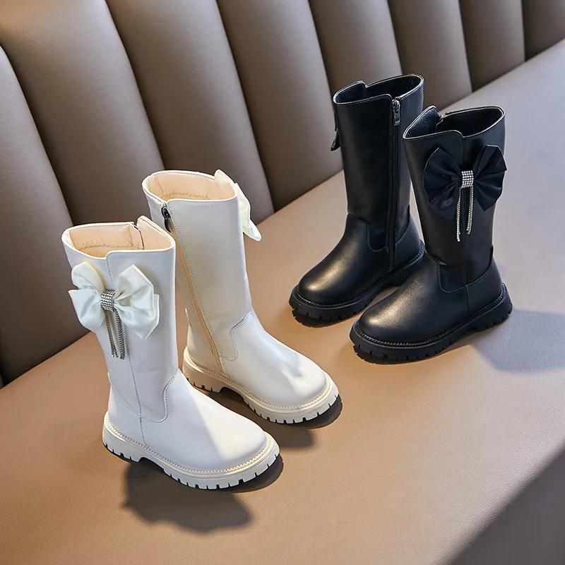 Autumn Winter Boots for Girls Children Boots Kids Long Boots Princess Chic Butterfly-knot Rhinestone Pendant