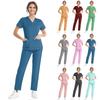 Women's Short Sleeve V Neck Solid Color Chest Pocket Work Top Elastic Waist Pants Two Piece Work Set,3 Pockets,Scrubs Tops For Women