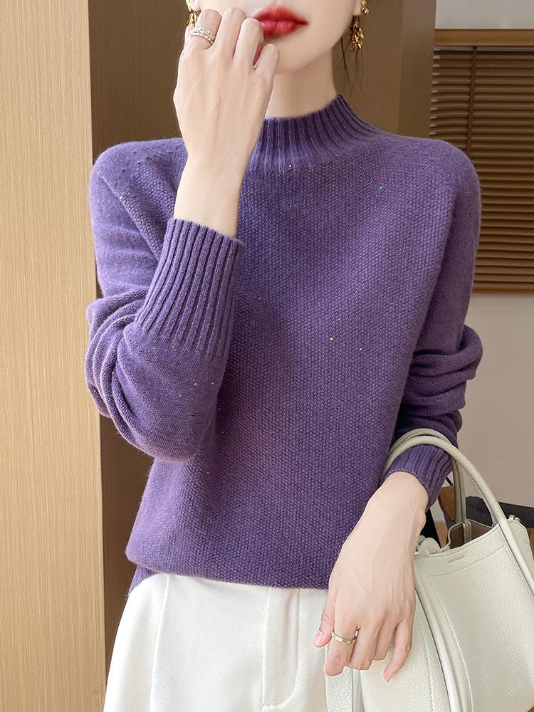 2024 Autumn/Winter High Neck Beaded Wool Sweater - Long Sleeve, Loose Fit