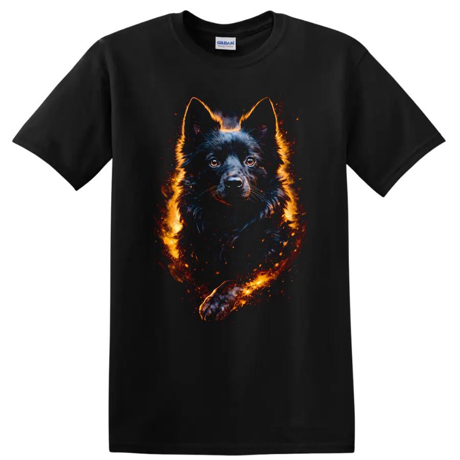 Black Dog Fire Flames Artwork T Shirt Graphic Animal Lover Tee