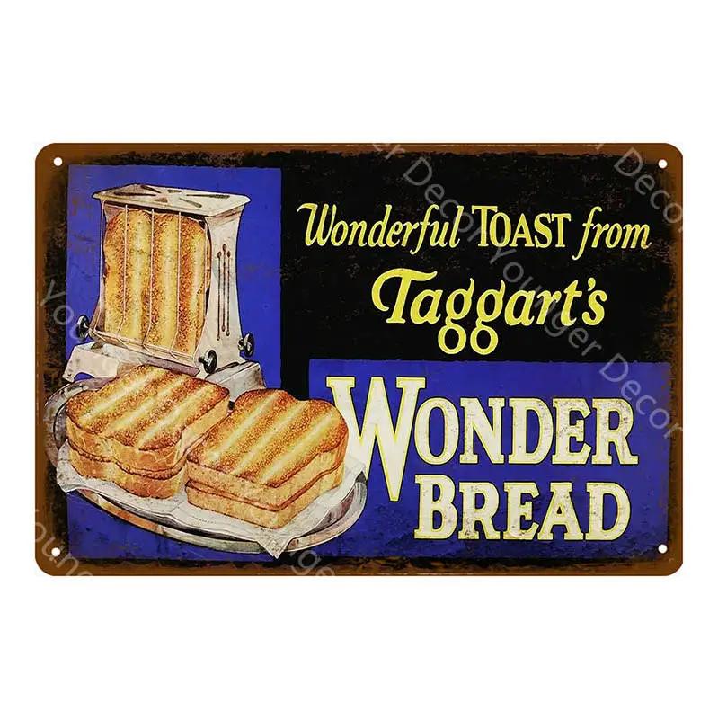 Металлические знаки Wonder Bread Ручная выпечка Винтажный плакат Декор кухни Кафе Бар Магазин Декоративная тарелка Еда Повар Настенная наклейка YI-154