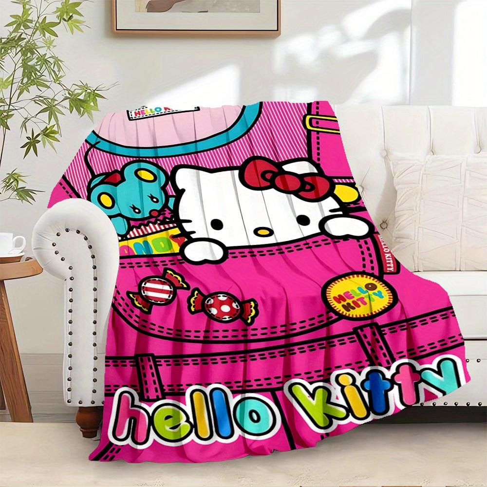 For Candy, Pocket, HelloKittyAnime-Themed Flannel Blanket, Glam Style, Digital Print, All-Season Comfort, Tear-Resistant, Knitted Craftsmans