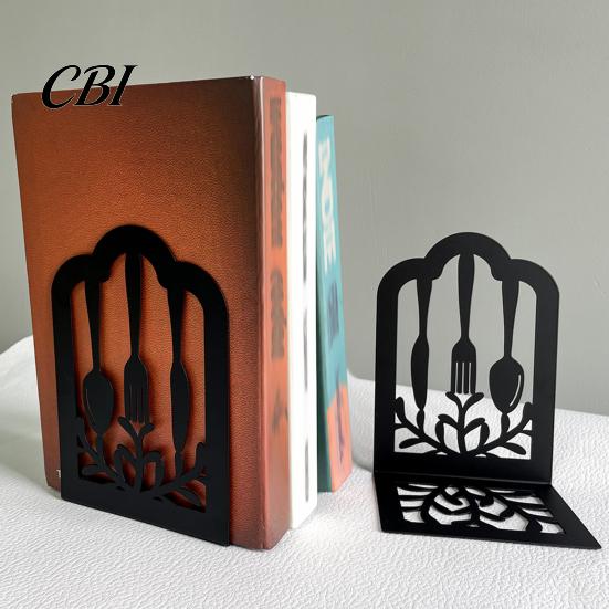 High Quality Iron Bookends 1 Pair Kitchen Metal Decorative Bookend for Shelves, Heavy Duty Non-Skid Book Cooking Theme Holder Stand, Black Support