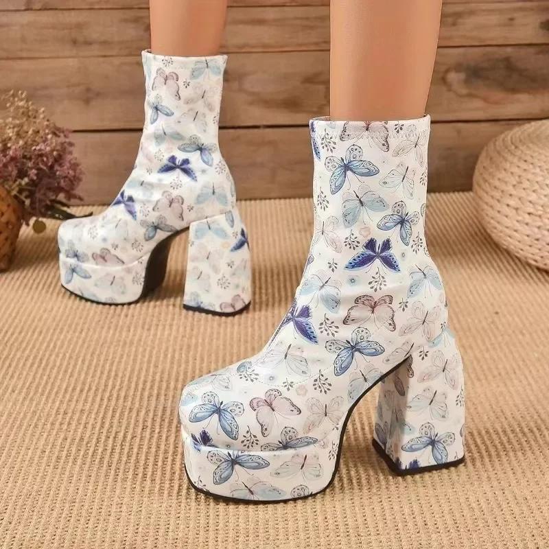 2024 2024able New European American Oversized Denim Short Boots Square Toe Waterproof Platform High Heels Thick Soled Women Boots