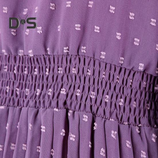 Women Fall Spring Dress Dot Print Pleated High Tight Waist Long Sleeve Shirring Collar Lace Up V Neck Mid Calf Length Lady Midi Dress