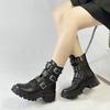 FOREADA Женские ботильоны Круглый носок Толстый высокий каблук Пряжка Молния Заклепки Шнуровка Короткие ботинки Женская модная обувь Зима Черный 43