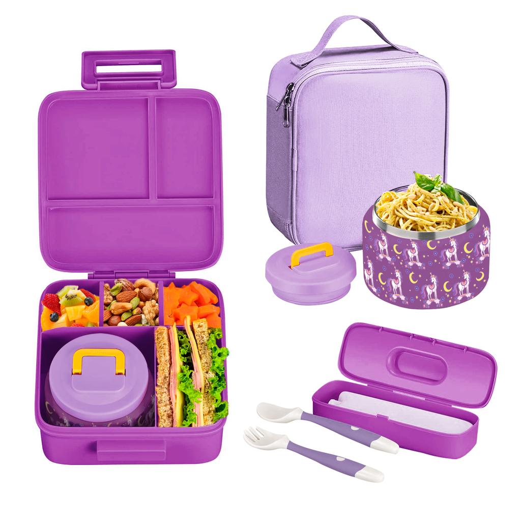 Ланч-бокс Bento для детей с вакуумной банкой для еды объемом 8 унций, пакетом для ланча, пакетом со льдом и гибкой вилкой и ложкой, герметичный