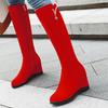 Red Knee High Boots Women Winter Autumn Shoes 2024 Fashion Wedge Heels Flock Black Long Zipper Party Shoes Female Comfort