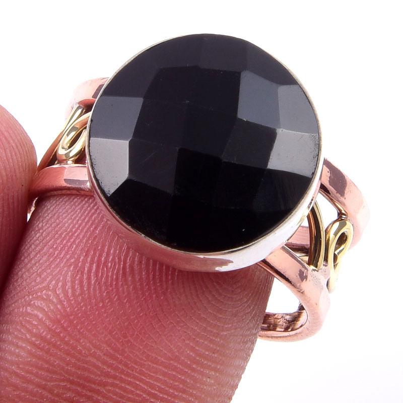 Natural Black Onex Gemstone Handmade 925 Sterling Silver Two Tone Ring S.9 a3Q87