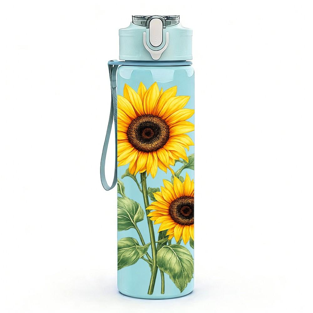 1PC Sunflower Yellow Flower Pattern 750ml Color Plastic Sports Water Bottle Leakproof Flip Straw Lid Suitable for Sports Office Home Use