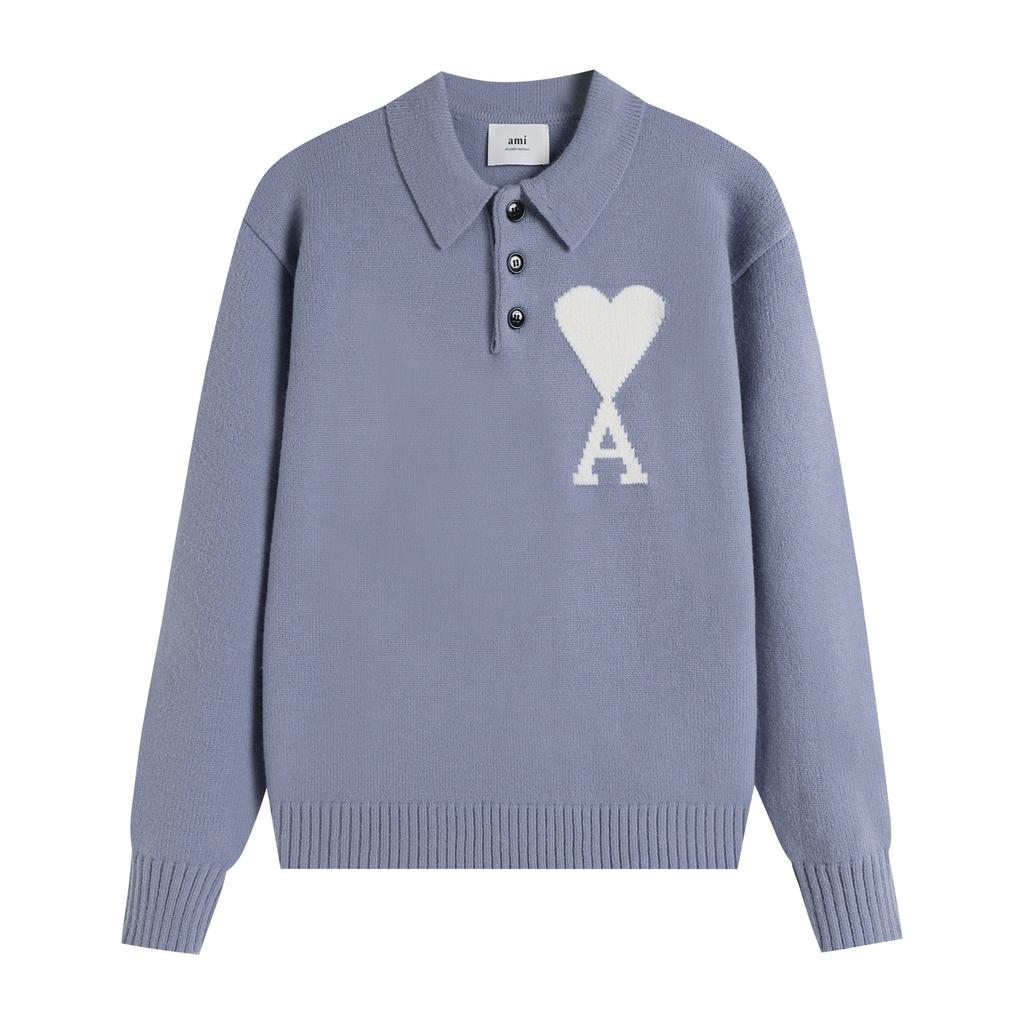 AMI New Polo Collar Knitted Sweater Jacquard Love Couple Woolen Sweater