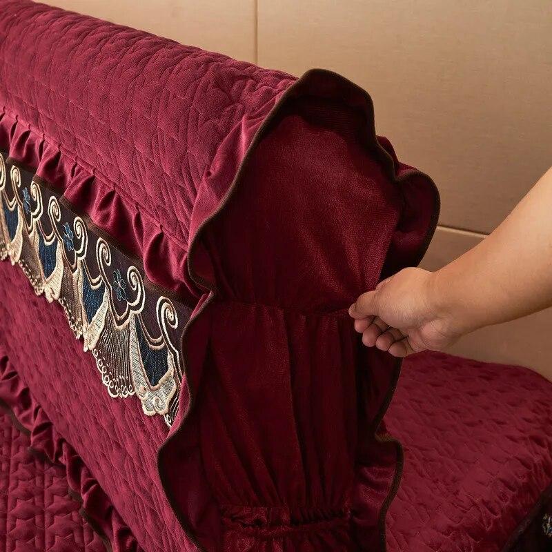Lace Headboard Cover for Queen Bed Plush Velvet Double Size King Quilted Anti-collision Full Coverage Back Protector with Pocket