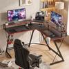 L-Shaped Computer Desk with Power Outlets, 128 cm Corner Desk with Monitor Stand, Headphone Hook & Cup Holder