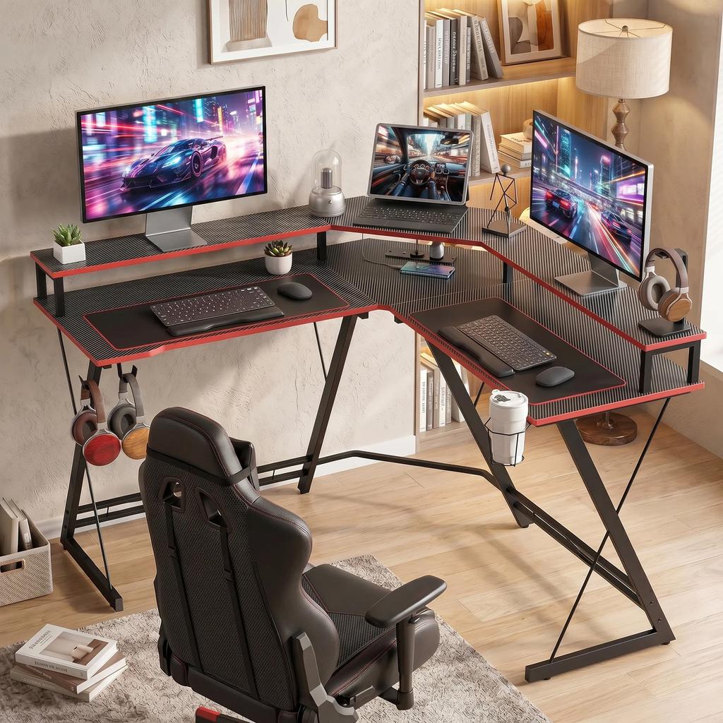 L-Shaped Computer Desk with Power Outlets, 128 cm Corner Desk with Monitor Stand, Headphone Hook & Cup Holder