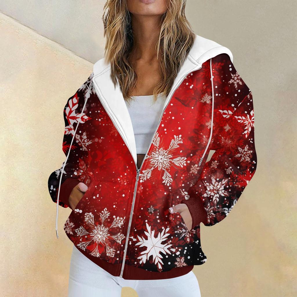 Женская модная повседневная толстовка с рождественским принтом и длинными рукавами, карманная куртка, пальто с капюшоном на молнии