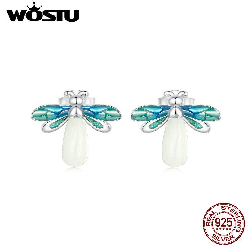 WOSTU Real 925 Sterling Silver Rainbow Firefly Luminous Stud Earrings For Wome Rainbow Glow in Dark Ear Studs Party Jewelry Gift