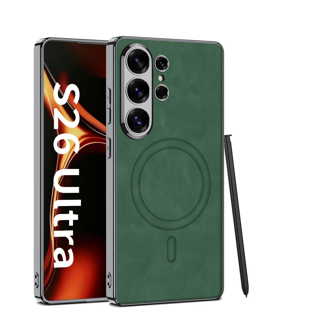 Samsung S26ultra Mobile Phone Case Magnetic Wireless Charging Mobile Phone Case Light Luxury Solid Color Magsafe Leather Case