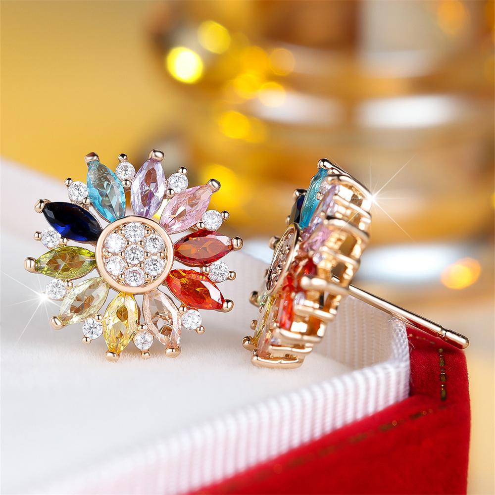 Серьги-пусеты Marquise Stone Multicolor Crystal Sun Flower для женщин, винтажные, золотистого цвета, свадебные, украшения на День святого Валентина