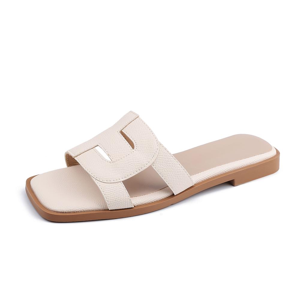 Yuanlitong Summer New Flat-bottomed Slippers Women's Wear High-end Temperament Square Head Cool Slippers Women's Woven Women's Shoes