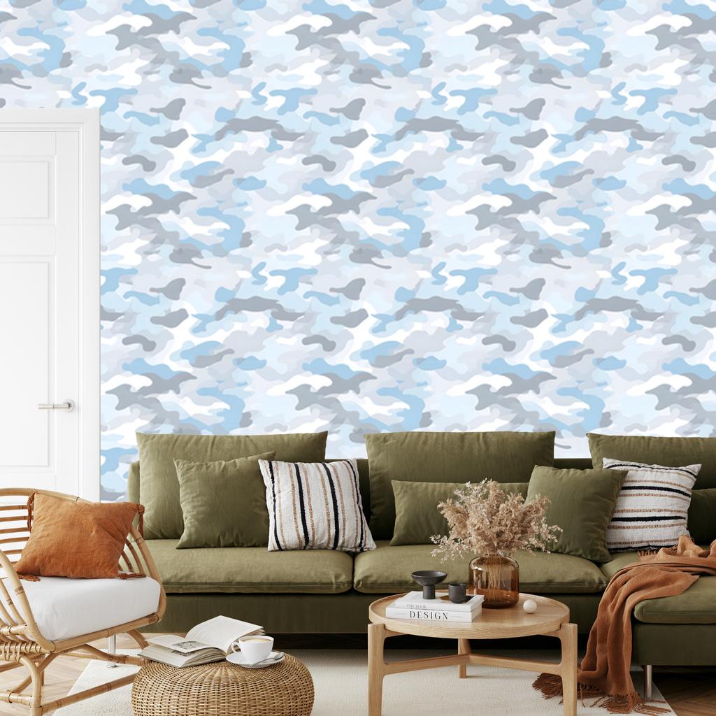 Military Camouflage Wallpaper White and Azure for Living Room and Bedroom 50x1000