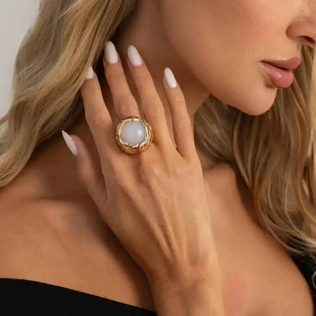 SHIXIN Vintage Hyperbole Irregular Metal Inlaid Resin Thick Textured Round Rings Women Trendy Finger Aesthetics Jewelry Gifts