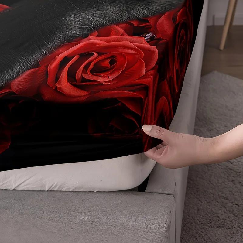 Breathable Black Cat and Red Roses Bedding Set Polyester Animal Print Sheet Pillowcase Sets with Fitted Sheet and Pillowcases