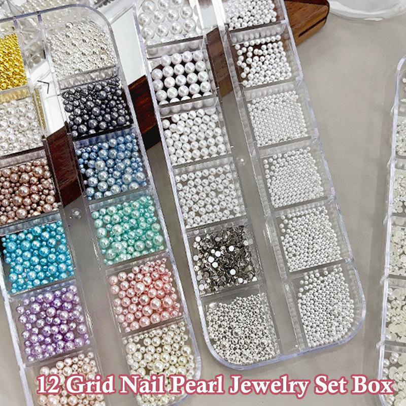 6/12 Grids/Box Colorful Round Pearls Nail Beads Charms Caviar Jewels Half Round Pearl Gems for DIY Nail Art Decoration