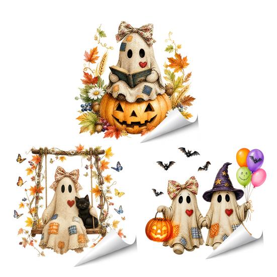 Halloween Window Cling Vintage Patch Ghost Static Clings, Thanksgiving Pumpkin Bow Maple Leaf Autumn Home Decoration Glass Stickers, Reusable