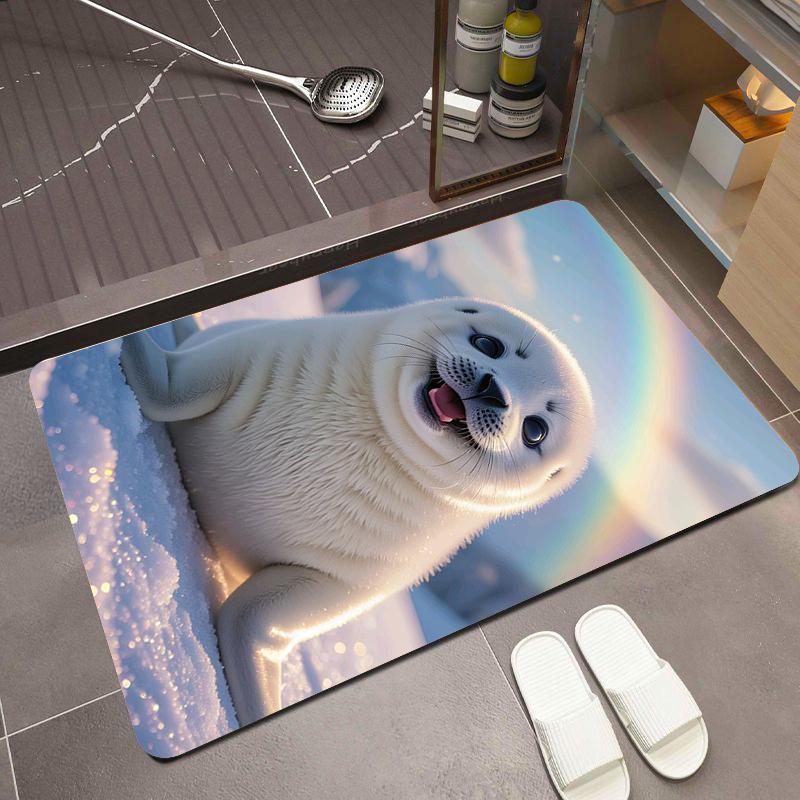 Cute Baby Seal with Rainbow Bath Mat Adorable Arctic Animal Print Non-Slip Quick Dry Floor Rug