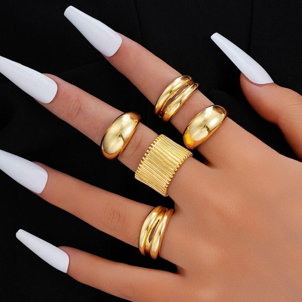 European & American Metal Texture Ring Set: Smooth, Exaggerated Geometric Open Rings for Women
