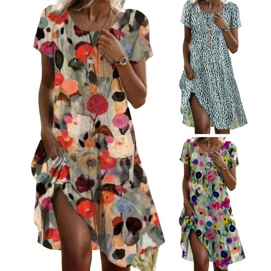 Женское летнее платье с цветочным принтом, повседневное платье миди с коротким рукавом и круглым вырезом, свободное платье-сарафан в стиле бохо для пляжного отдыха