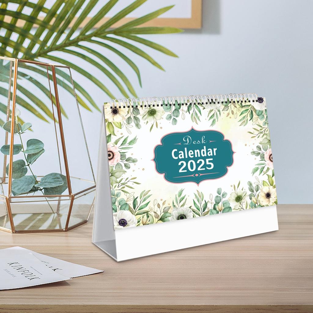 Small Desk Calendar Floral Desktop Standing Calendar, Horizontal Gold Coils Binding Calendar Monthly Flip Schedule For Home Classroom