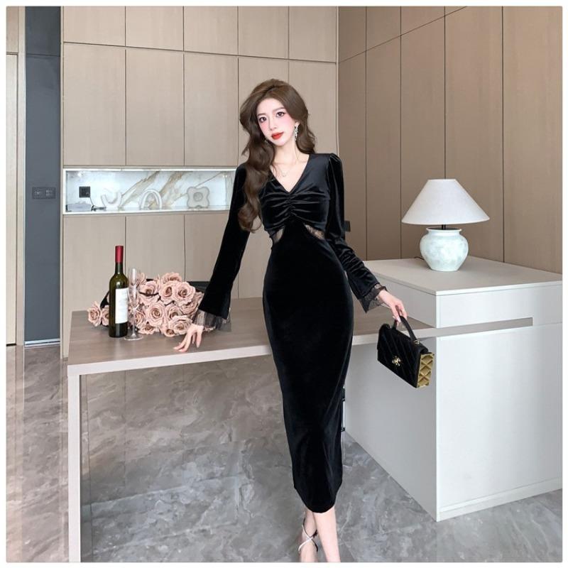 Весна Осень V-образный вырез Элегантное Модное Бархатное Черное Платье Женское Длинный Рукав Темперамент Талия Халат Vestidos