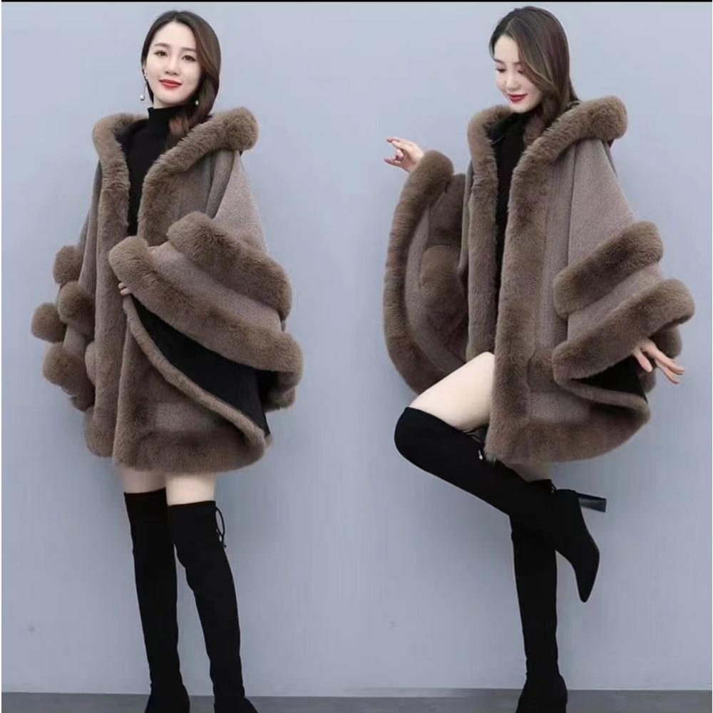 Женское пальто Осень и Зима Новое Большого размера Искусственный меховой воротник Шаль Меховой капюшон Вязаный кардиган Шаль Накидка Куртка