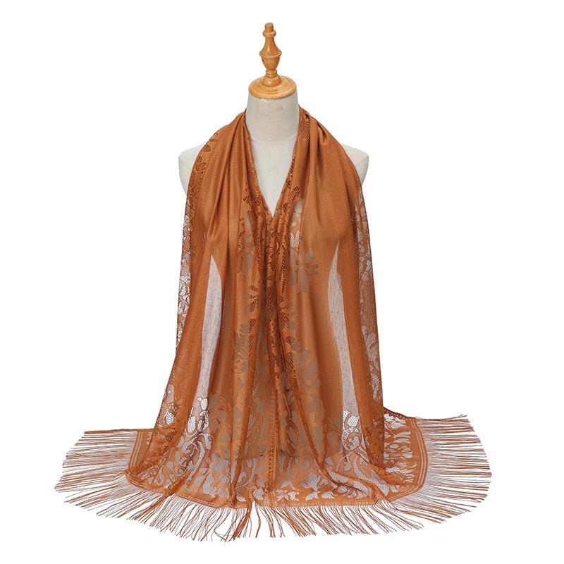 Кружева ажурный шелковый хиджаб шарф с кисточками - однотонная шаль для женщин