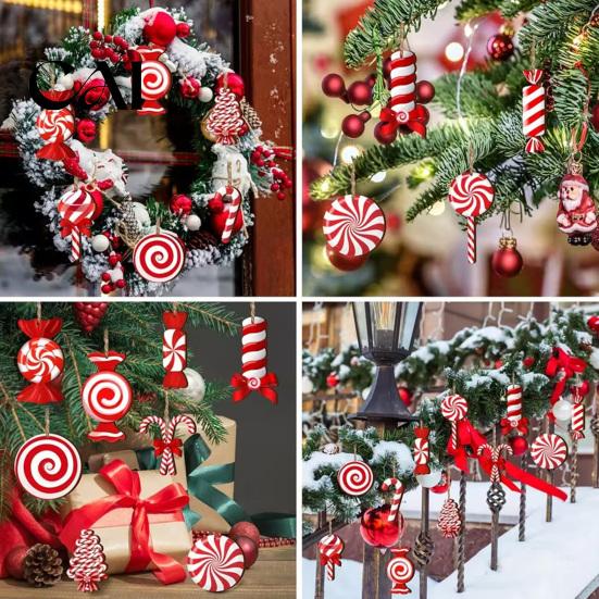 Striped Lollipop Hanging Ornaments Christmas Candy Ornaments, Red White Peppermint Cane Wooden Pendants, Holiday Party Decor Tree Decoration for Xmas