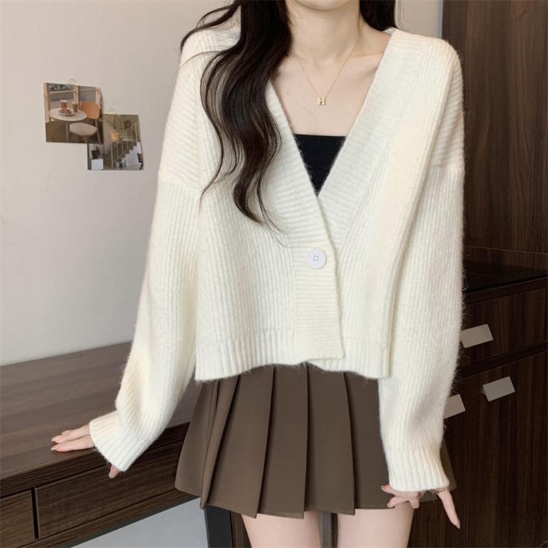 V-neck Fashion Women One Button Cardigan Short Sweater Autumn /Winter Long Sleeve Knitted Jackets Solid Color Elegant Loose Office Basic Casual Coats