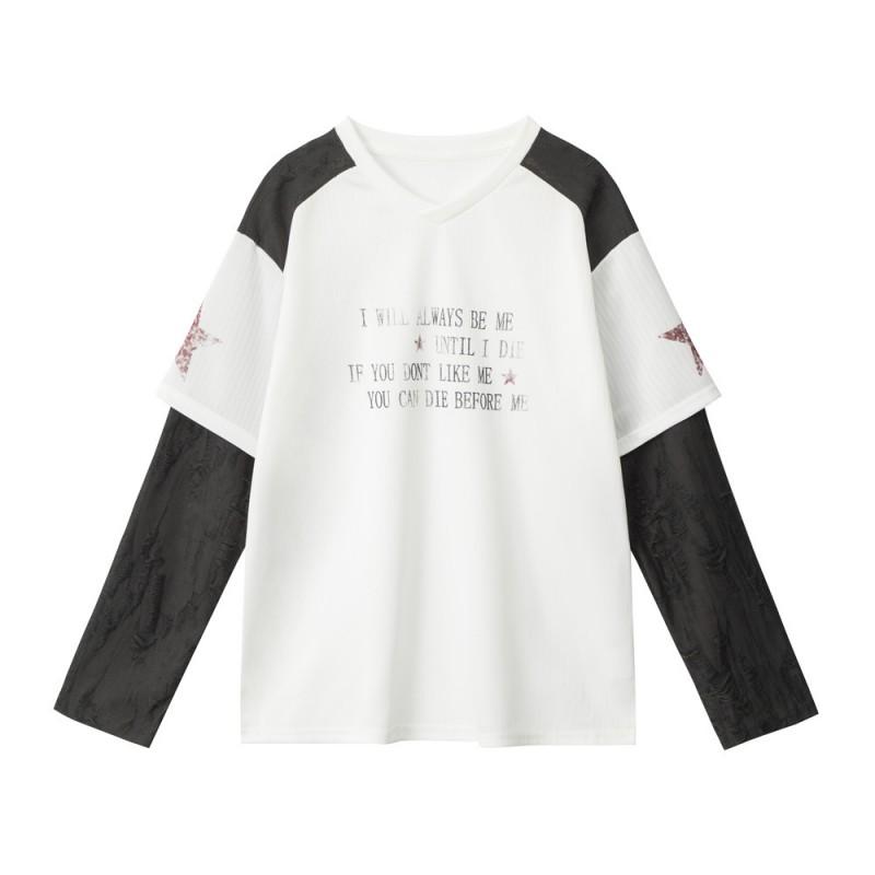 Womens Oversized Long Sleeve Tee With Color-Block Mock Layer Design V-Neck Streetwear Top