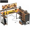 Gaming Table L-shaped Desk with Power Connection LED Lighting 4 Drawers Monitor Stand 155x110x91.4 cm Brown