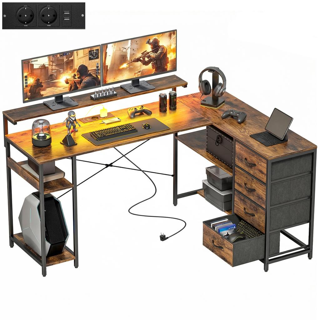 Gaming Table L-shaped Desk with Power Connection LED Lighting 4 Drawers Monitor Stand 155x110x91.4 cm Brown
