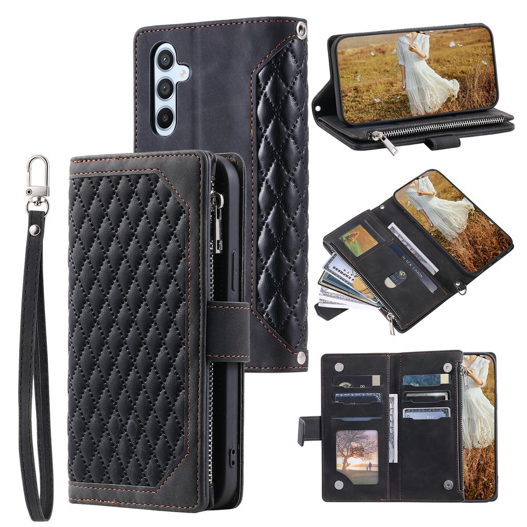 For Samsung Galaxy S25 FE Wallet Case Rhombus Stitching Line PU Leather Phone Cover with Wrist Strap