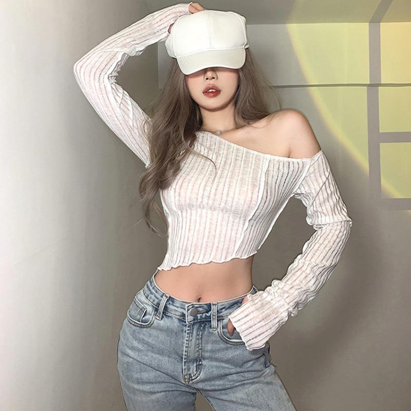 Плиссированная футболка на одно плечо для женщин, повседневная защита от солнца, уличная одежда с длинными рукавами