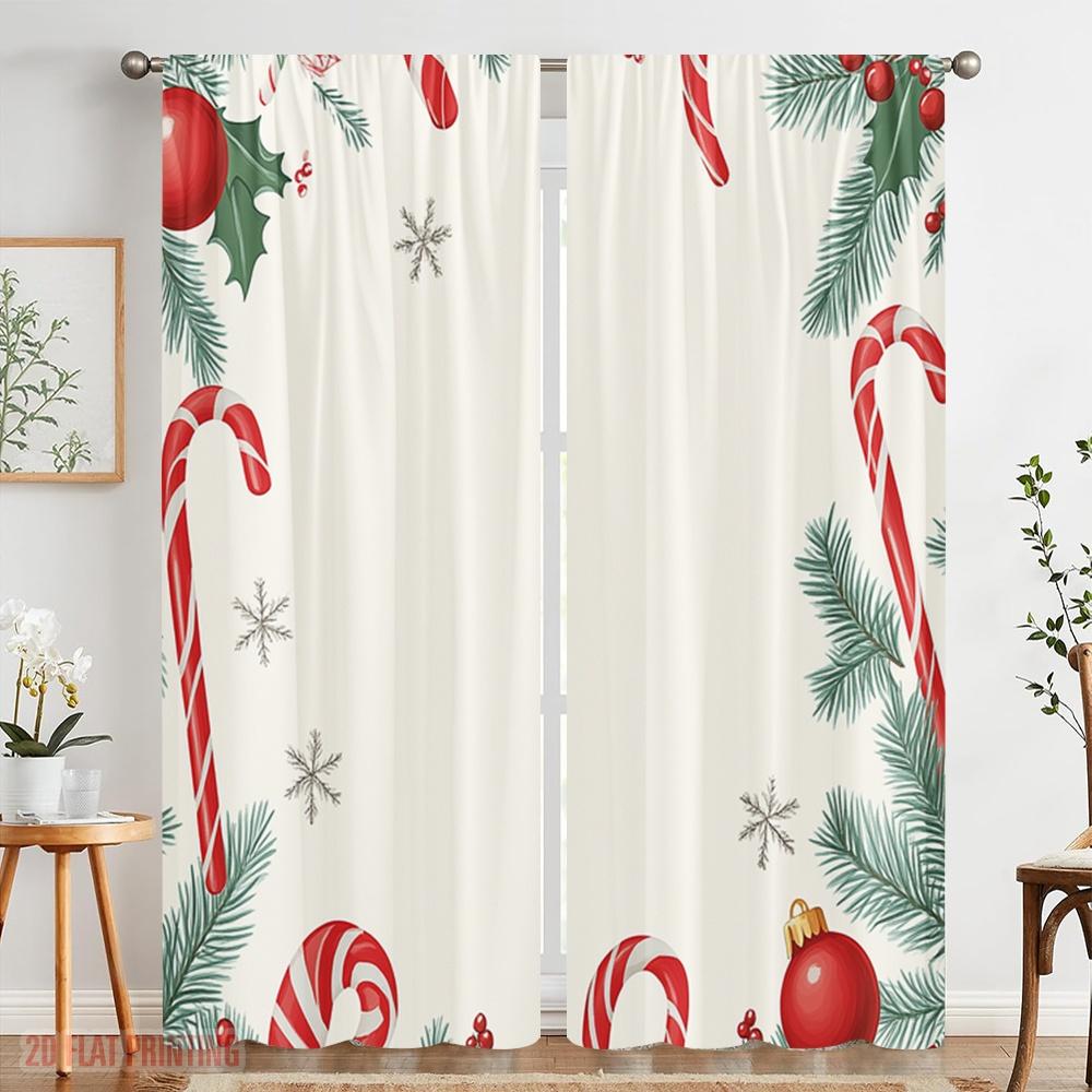 2pcs,2D Plane Printing Pattern Curtains Christmas Candy Snowflakes Berries (2) Durable 100% Polyester Fabric (without Rod) Home