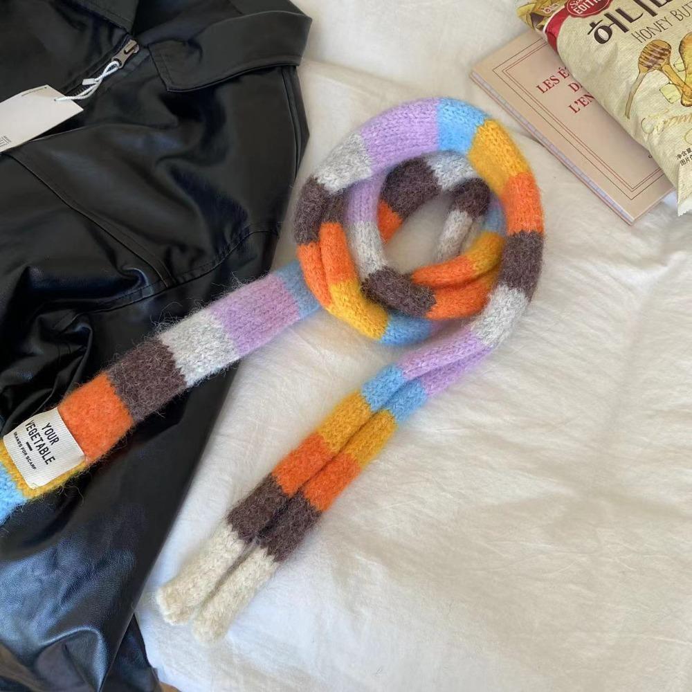 Knitted Wool Sausage Thin Scarf With Warm Color Splicing Contrast Rainbow Color Scarf Winter