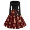 Christmas Print Flare Dress For Women Long Sleeve Dress Hollow Party Casual Square Collar Dresses