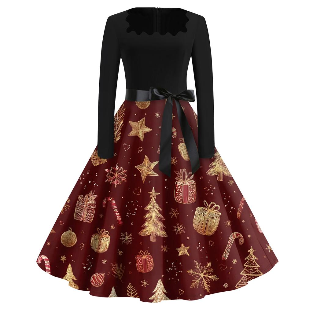 Christmas Print Flare Dress For Women Long Sleeve Dress Hollow Party Casual Square Collar Dresses
