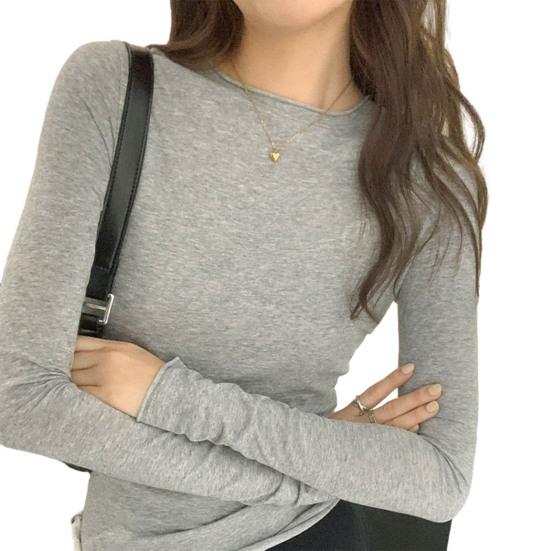 Women T-shirt Round Neck Long Sleeve Slim Fit Solid Color Tops Soft Stretchy Tee Shirt Work Party Casual Wear